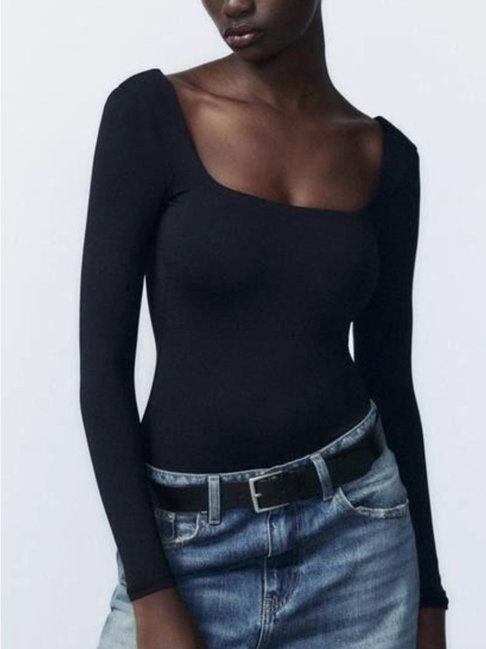 Zara Black Square Neck Long Sleeve Fitted Bodysuit Size S
